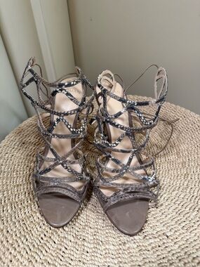 Alexandre Birman Taupe Snake-Print Lace-Up Heels